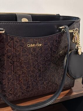 Calvin Klein Brown Monogram Satchel with Black Trim and Gold Hardware